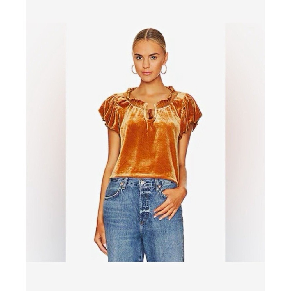 Orange Velvet Free People  Solid Scoop Neck Ruffle Keyhole Cap Sleeve top